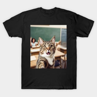 Funny Cat Selfie in a School Classroom - PanfurWare LLC T-Shirt